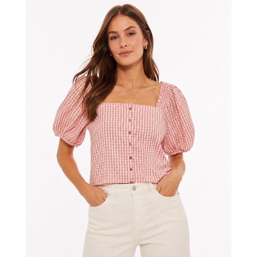 Market & Spruce Tati Square Neck Blouse Pink Gingham Puff Sleeve Top Medium NEW